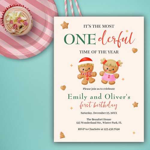 Onederful Joint Christmas Twins 1st Birthday Invitation