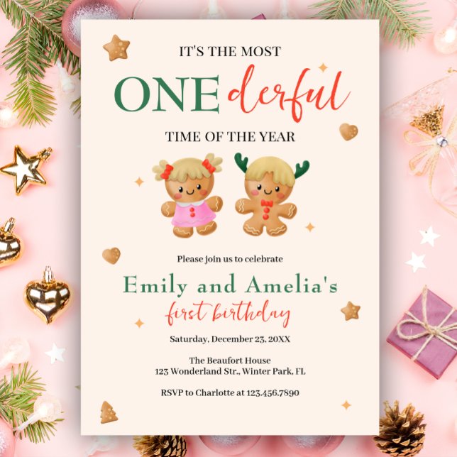 Onederful Joint Christmas Twins 1st Birthday Invitation (Creator Uploaded)