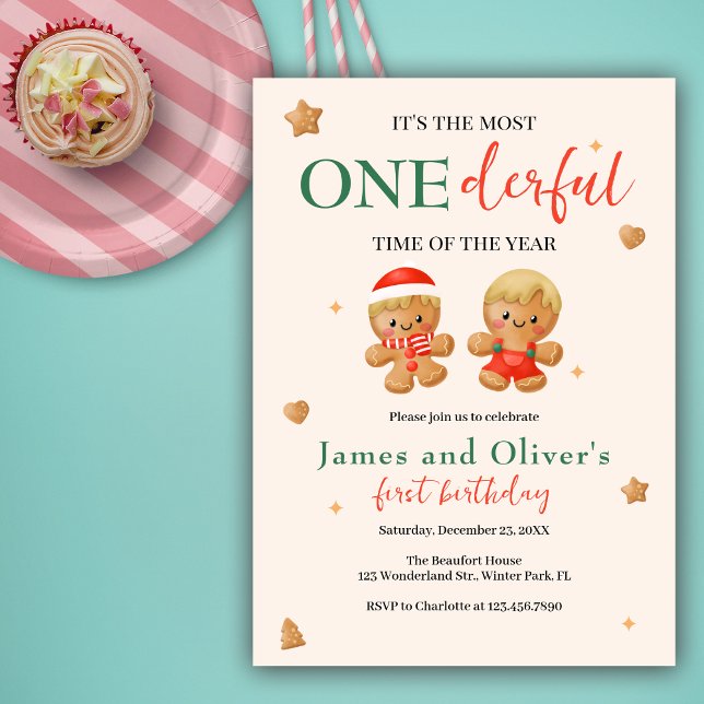 Onederful Joint Christmas Twins Boys 1st Birthday Invitation (Creator Uploaded)