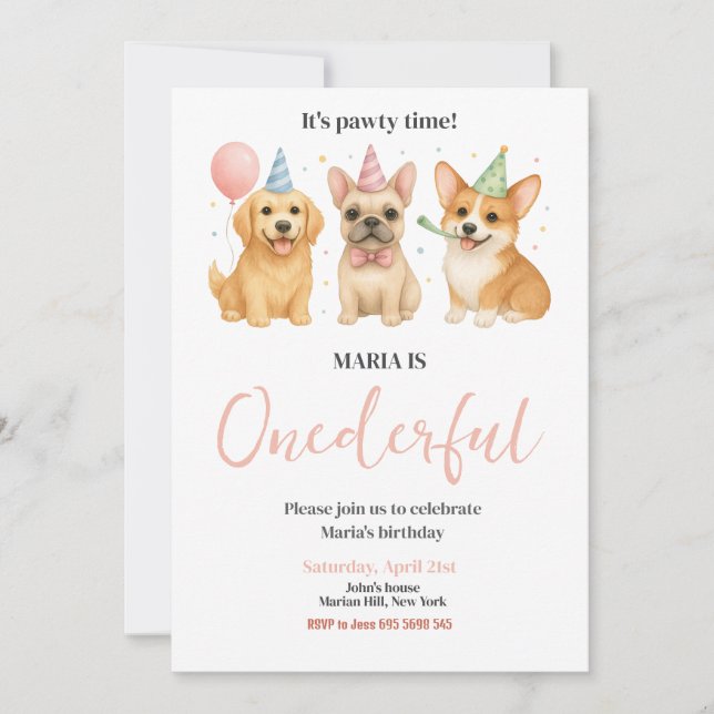 ONEderful Pawty Time Puppy Dog Birthday Party Invitation (Front)