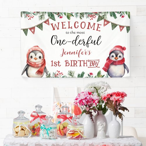 ONEderful  Penguin Christmas 1st Birthday Party Banner
