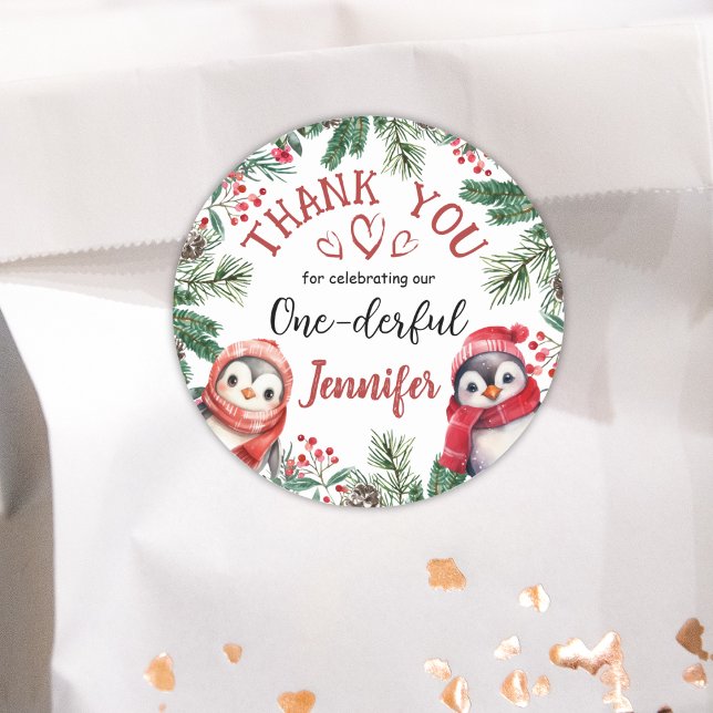 ONEderful Penguin Christmas 1st Birthday Thank You Classic Round Sticker (Creator Uploaded)