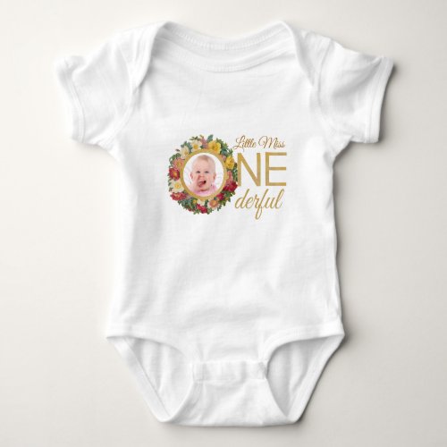 Onederful Photo in Rose Wreath Gold First Birthday Baby Bodysuit