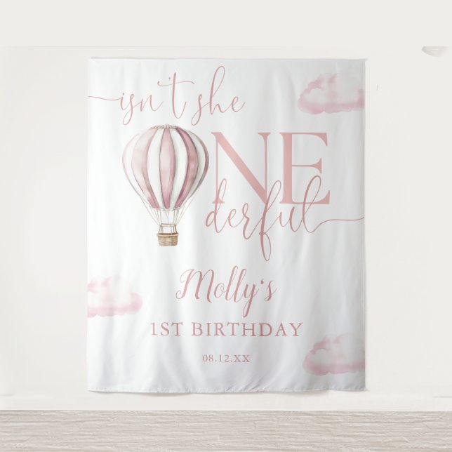 Onederful Pink Balloon 1st Birthday Photo Backdrop (Front)