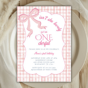 Onederful Pink Bow Gingham Girl 1st Birthday Party Invitation