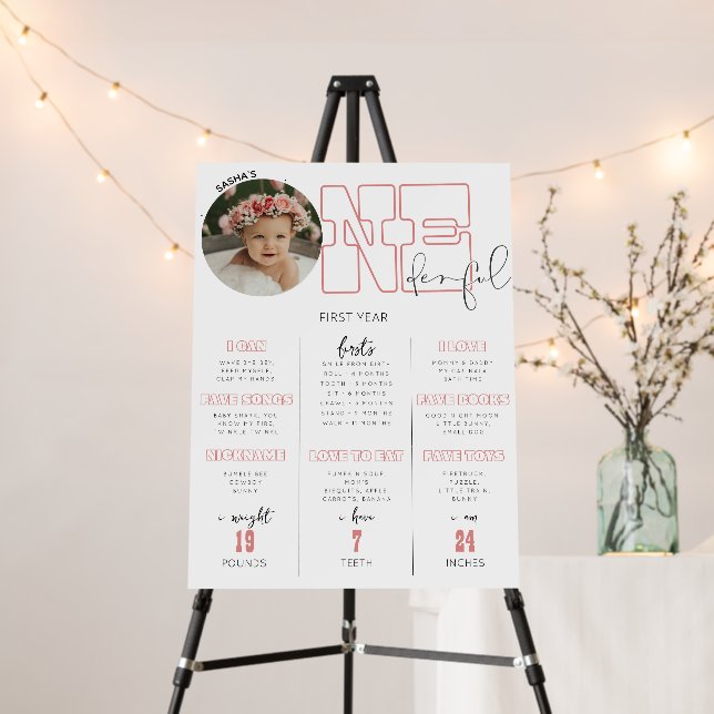 Onederful Pink First Birthday Milestones Sign (In Situ (Stand))