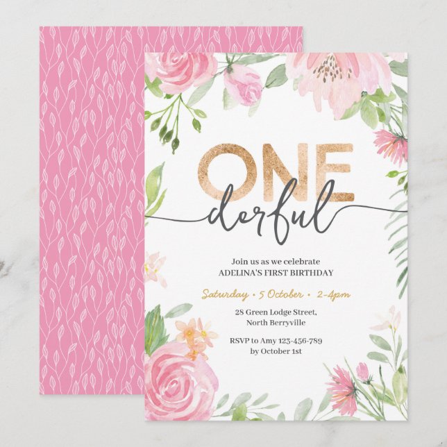 ONEderful Pink Flowers 1st Birthday Invitation (Front/Back)
