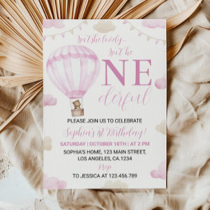 Onederful Pink Hot Air Balloon Birthday Invitation