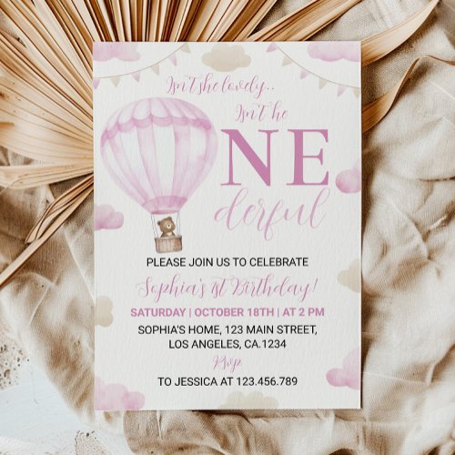 Onederful Pink Hot Air Balloon Birthday Invitation