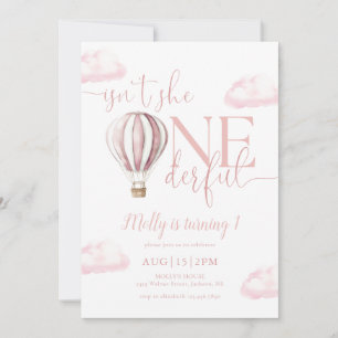 Onederful Pink Hot Air Balloon Girl 1st Birthday Invitation