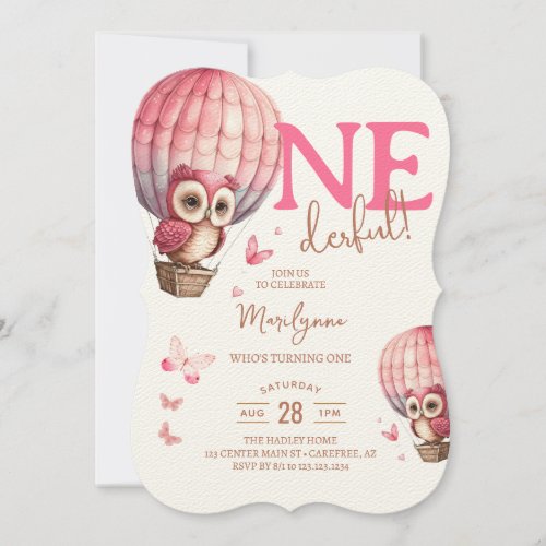 Onederful Pink Owl Hot Air Balloon 1st Birthday Invitation