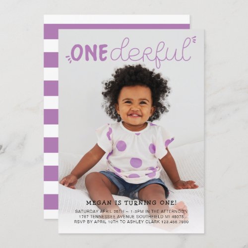 Onederful Purple Minimal Photo Birthday Invitation