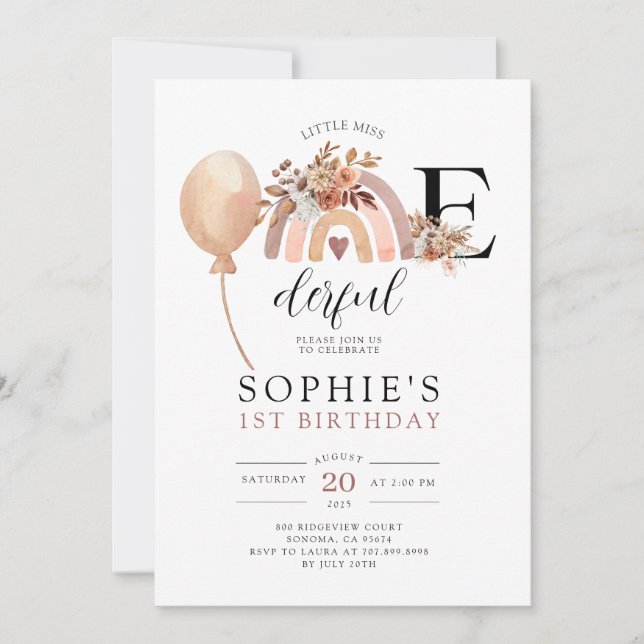 ONEderful Rainbow Girl's Birthday Invitation (Front)