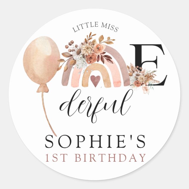 ONEderful Rainbow Girl's Birthday Invitation Classic Round Sticker (Front)