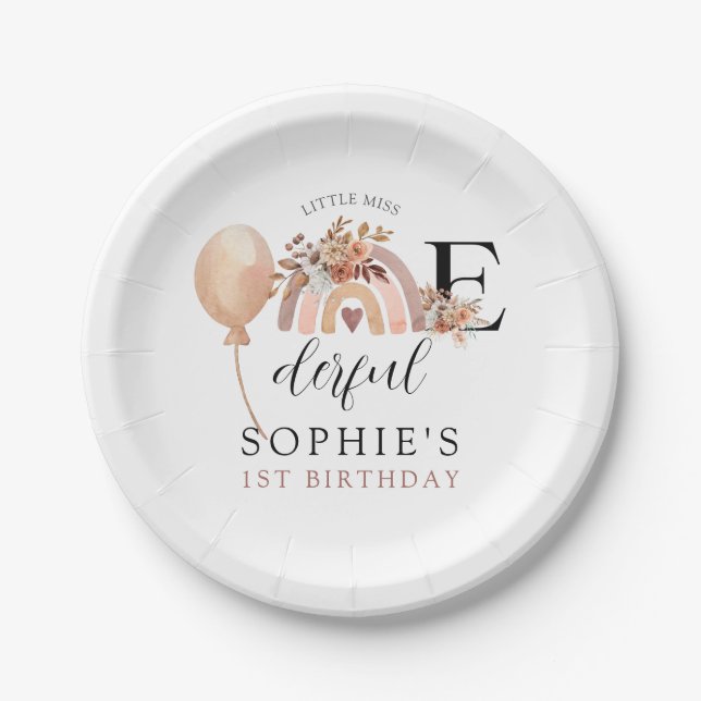 ONEderful Rainbow Girl's Birthday Party Paper Plates (Front)
