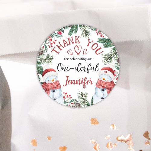 ONEderful Snowman Christmas 1st Birthday Thank You Classic Round Sticker