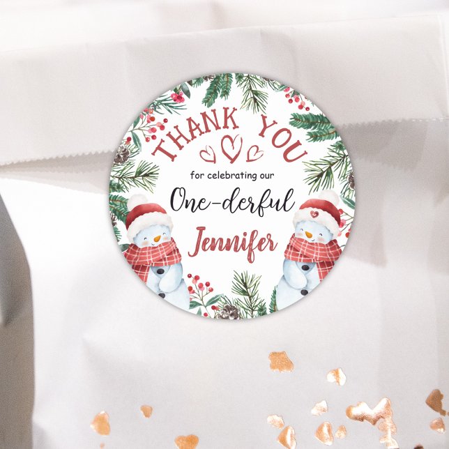 ONEderful Snowman Christmas 1st Birthday Thank You Classic Round Sticker (Creator Uploaded)