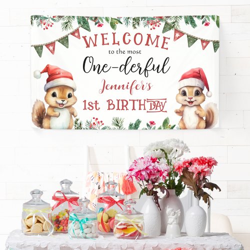 ONEderful  Squirrel Christmas 1st Birthday Party Banner