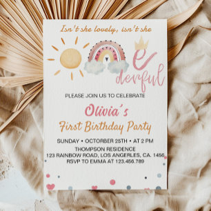 Onederful Sunshine Rainbow 1st Birthday Invitation