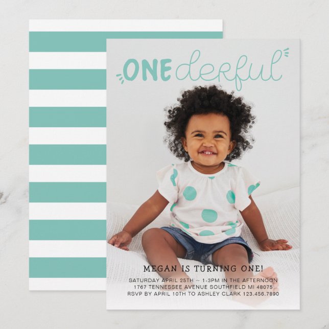 Onederful Teal Blue Minimal Photo Birthday Invitation (Front/Back)