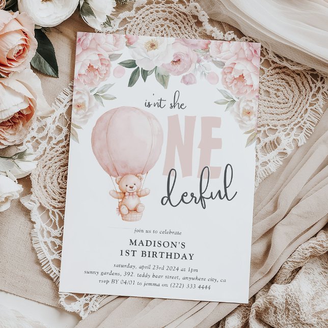 Onederful Teddy Hot Air Balloon 1st Birthday Invitation (Creator Uploaded)