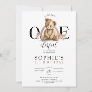 ONEderful Teddy Rainbow Girl's Birthday Invitation