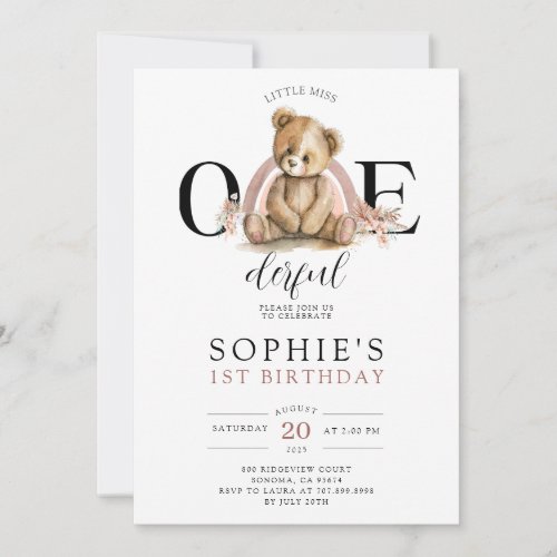 ONEderful Teddy Rainbow Girls Birthday Invitation