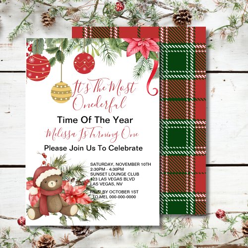 Onederful Time Christmas teddy bear scarf ornament Invitation