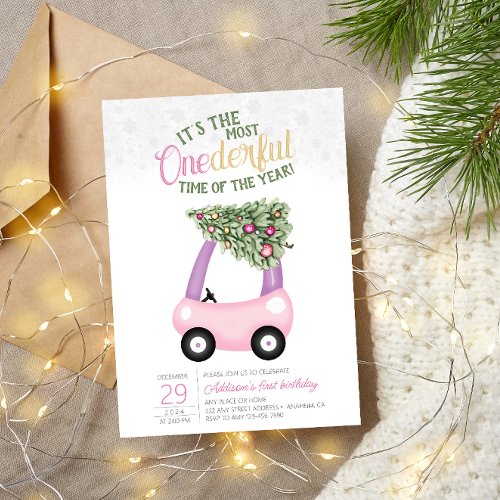 ONEderful Time Of The Year Pink car 1st Birthday  Invitation