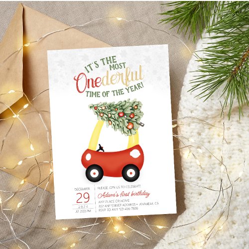ONEderful Time Of The Year Red car 1st Birthday  Invitation