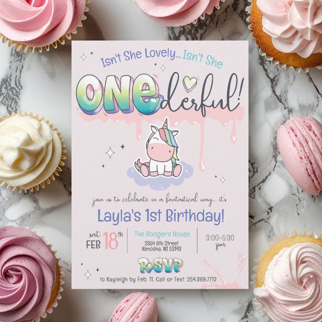 ONEderful Unicorn Rainbow Pink Girl 1st Birthday Invitation (ONEderful cute girly kawaii unicorn rainbow pink purple graffiti magic girl birthday invitation)
