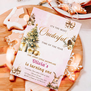 ONEderful Winter Christmas Pink 1st Birthday Invitation