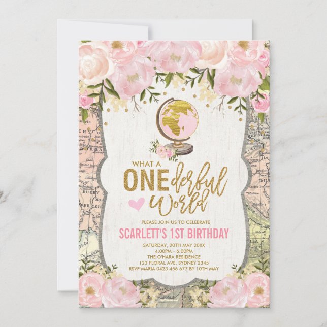 ONEderful World Adventure Map Girls 1st Birthday Invitation (Front)