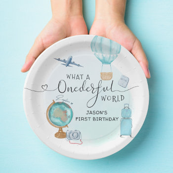 Onederful World Boys 1st First Birthday Party Paper Plates by lesrubadesigns at Zazzle