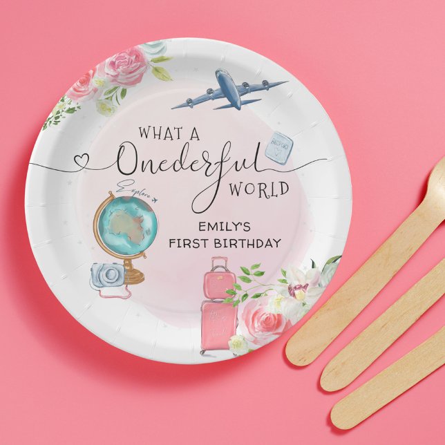 ONEderful World Girls 1st First Birthday Party Paper Plates (Creator Uploaded)