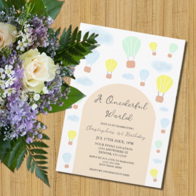 Onederful World Hot Air Balloon 1st Birthday Invitation (Creator Uploaded)