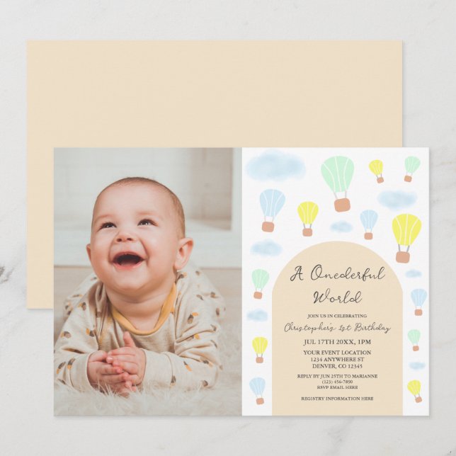 Onederful World Hot Air Balloon 1st Birthday Invitation (Front/Back)
