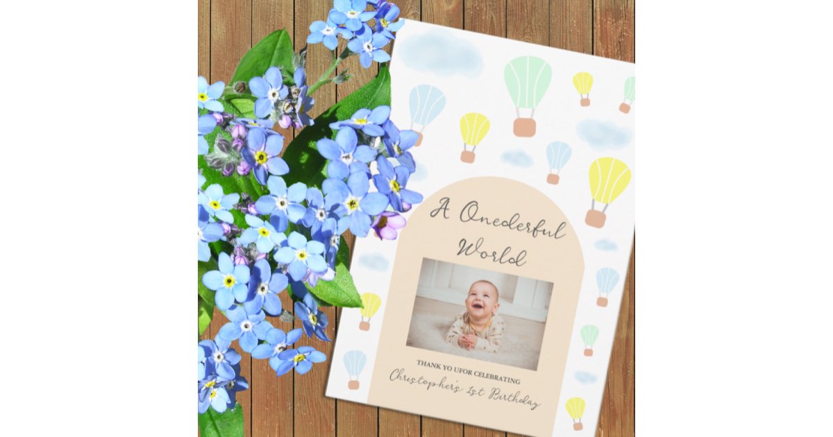 Onederful World Hot Air Balloon 1st Birthday Thank You Card | Zazzle