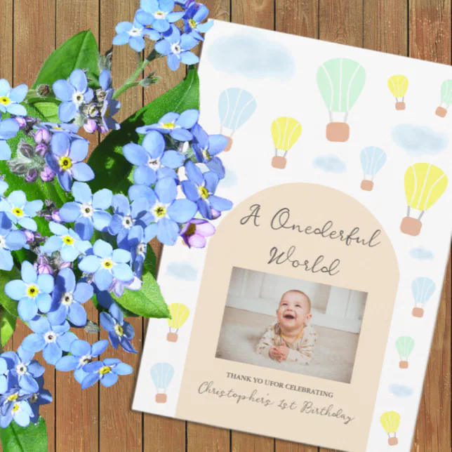 Onederful World Hot Air Balloon 1st Birthday Thank You Card | Zazzle