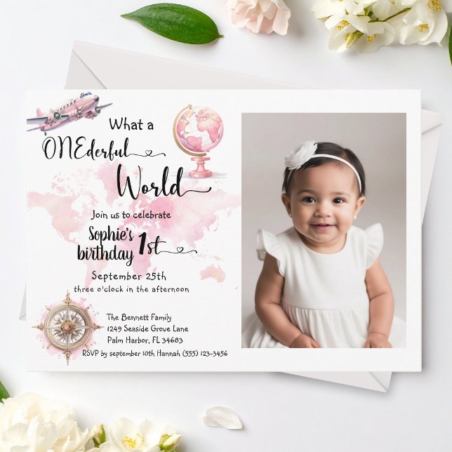 ONEderful world pink travel 1st birthday photo Invitation (Creator Uploaded)