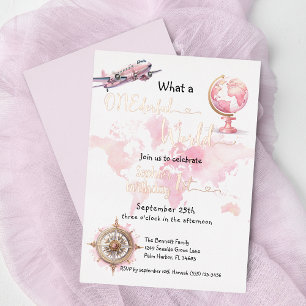 ONEderful world pink travel girl 1st birthday Foil Invitation