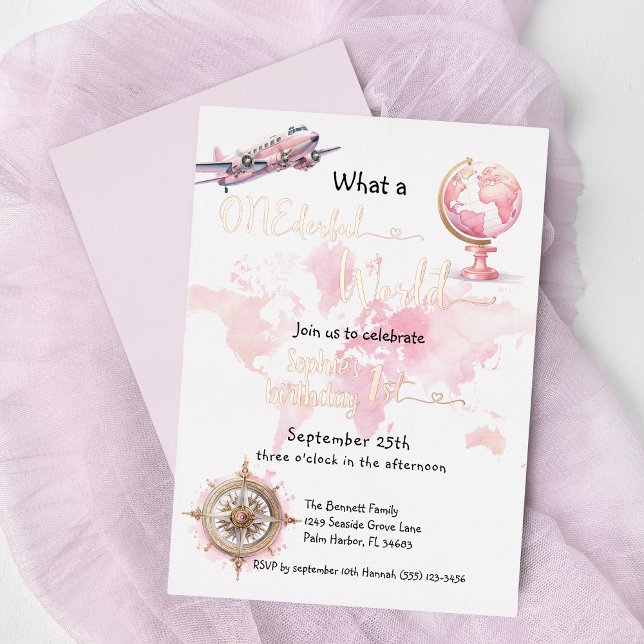 ONEderful world pink travel girl 1st birthday Foil Invitation (Creator Uploaded)