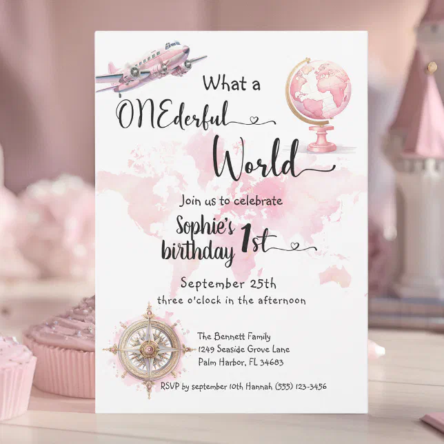 ONEderful world pink travel girl 1st birthday Invitation
