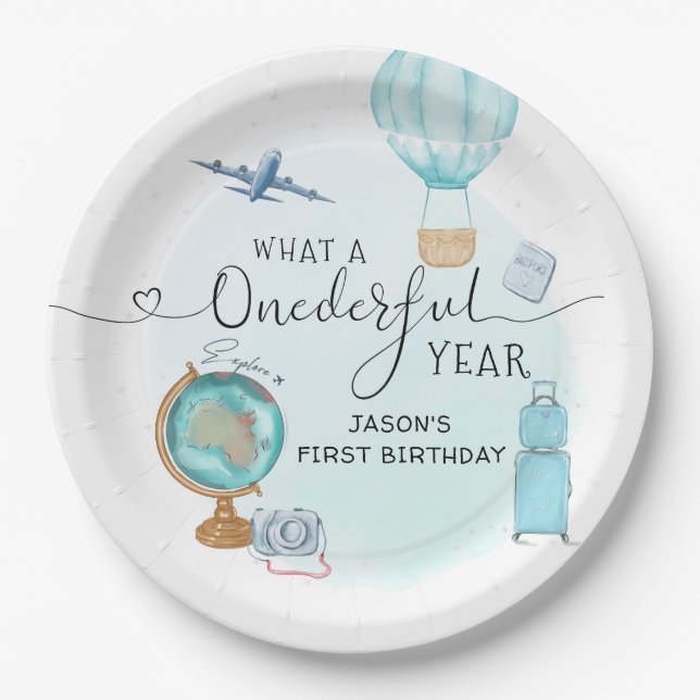 ONEderful Year Boys 1st First Birthday Party Paper Plates (Front)