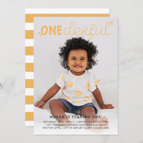 Onederful Yellow Minimal Photo Birthday Invitation