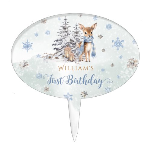 ONEderland 1st Birthday Blue Winter Cute Deer Cake Topper