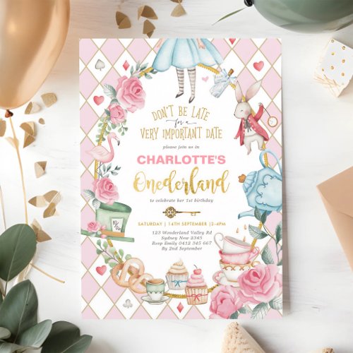 Onederland Alice Tea Party Pink Gold Girl Invitation