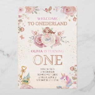 Onederland Floral First Birthday Girl Luxury Foil Invitation