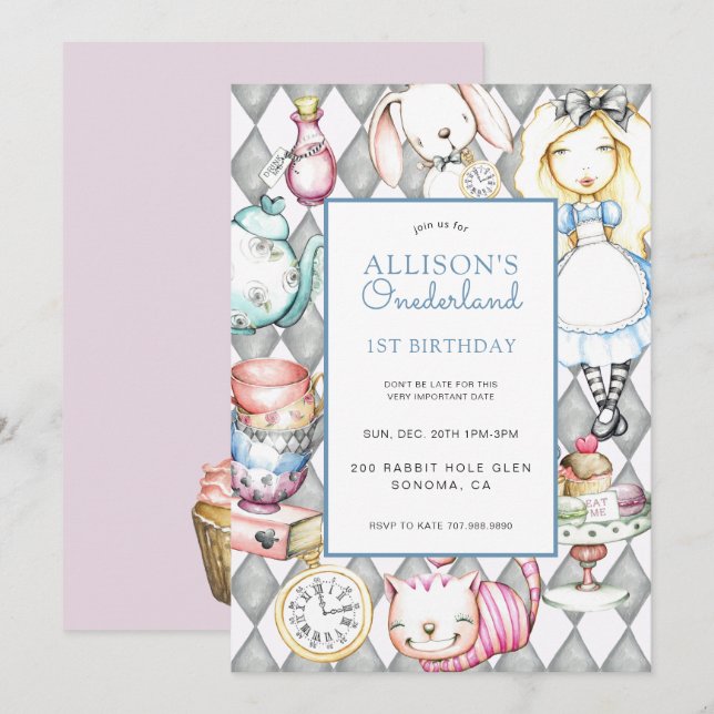 ONEderland Girl's 1st Birthday Invitation (Front/Back)