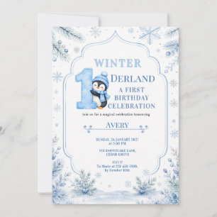 ONEderland Penguin Snow Blue Winter 1st Birthday Invitation